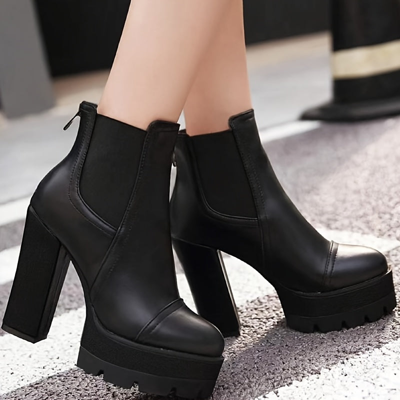 Elegant Women's Mid-Calf Boots with Chunky Heel - Versatile Fashion, Round Toe, Side Zipper, Faux Cover